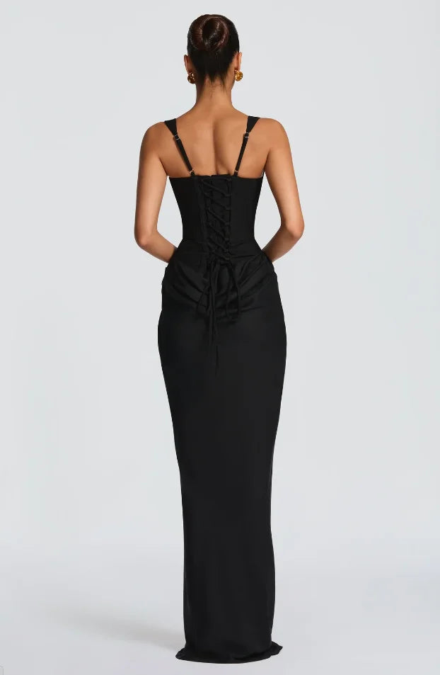 Square Neck Pleated Sling Dress — Off-Shoulder Waist-Cinching Slim Evening Gown