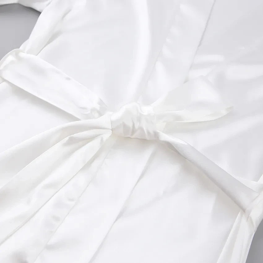 White Feather & Fur Trim Satin Robe | Bridal Nightgown Bathrobe for Women