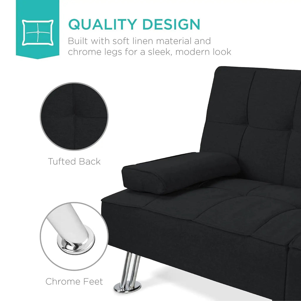 Sit, Recline, Sleep — Modern Linen Folding Futon Sofa Bed | 3 Positions, 2 Cupholders, Removable Armrests, 500 lb Capacity