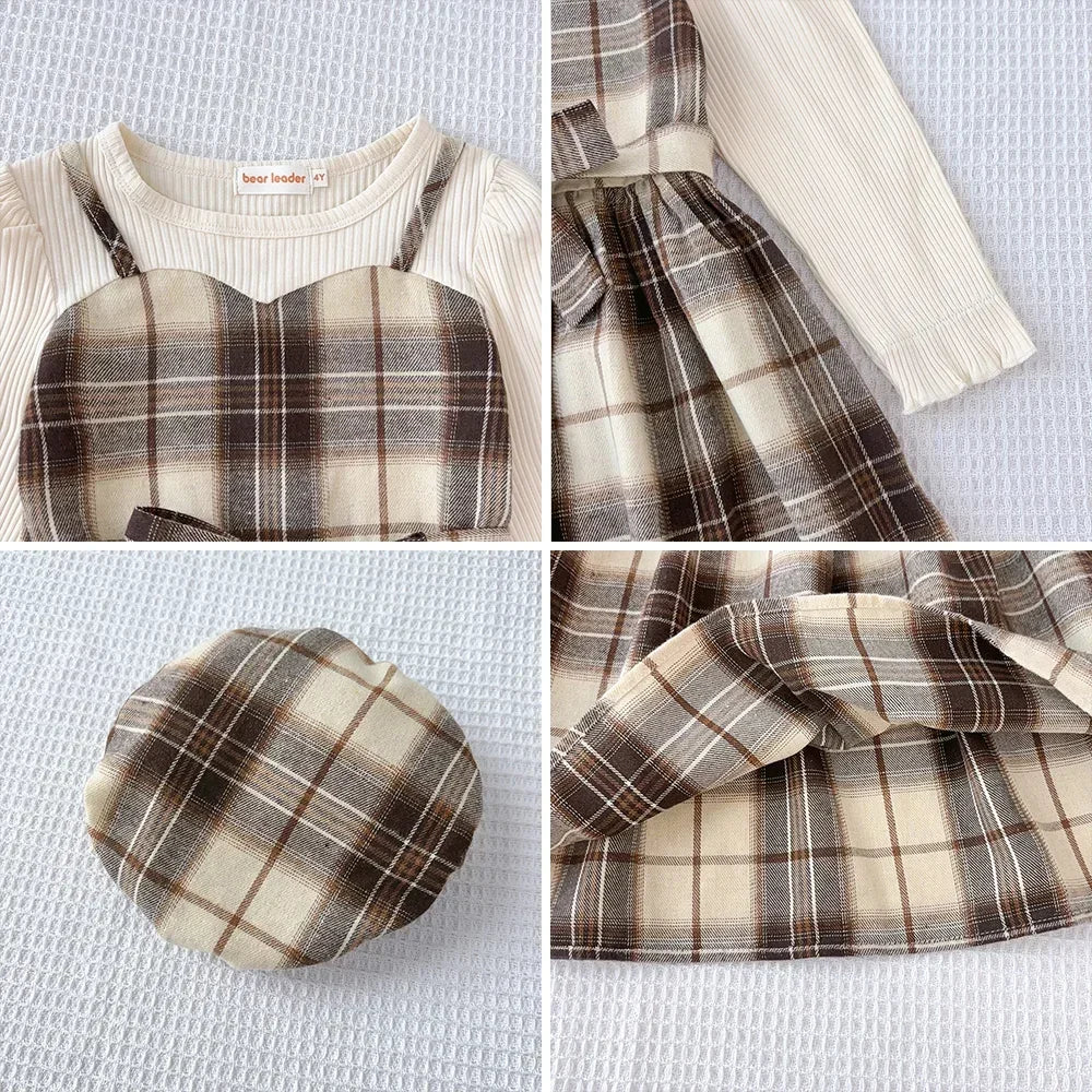 Korean Plaid Girls Casual Dress Set — Long Sleeve Shirt with Belt & Hat (3–7 Years)