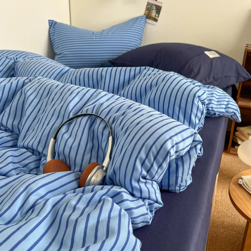 Stripe Print Washed Polyester Bedding Set – 3 or 4-Piece Duvet Cover with Sheet & Pillowcases, 6 Colors