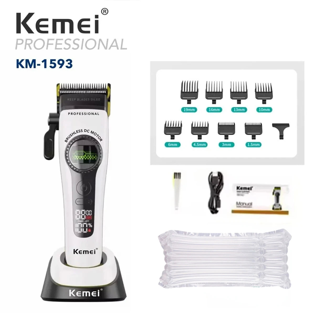 Kemei KM-1593 / KM-1595 Professional Brushless Clipper – 5-Speed, DLC Blade, 200-Min, USB-C