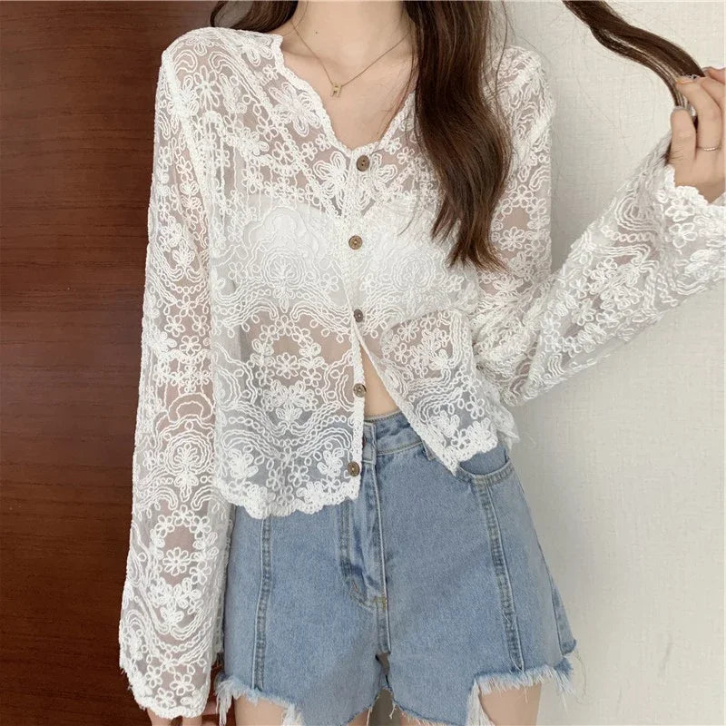 Women's Vintage Sheer Lace Blouse – Long Sleeve See-Through Sun Shirt Korean Style Casual Top