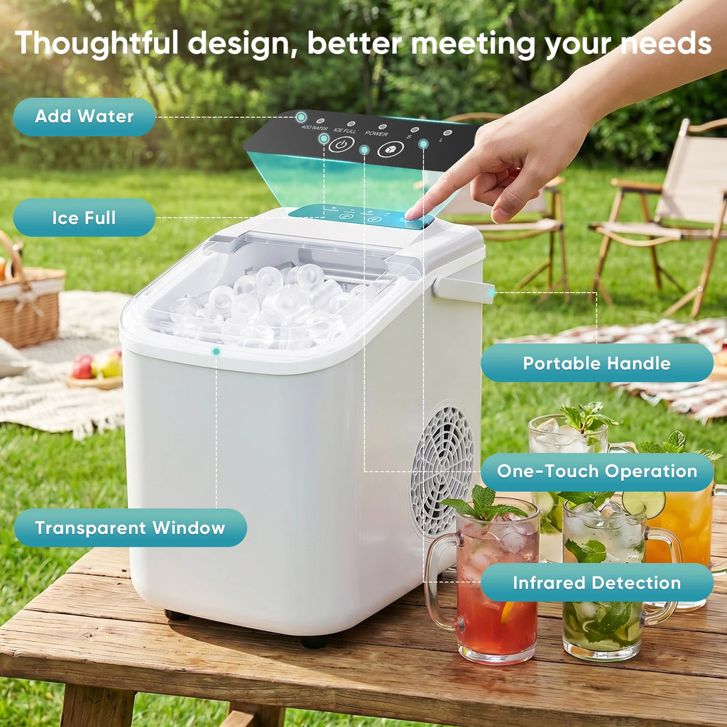 JHK Portable Countertop Ice Maker – 9 Ice Cubes in 6 Min, 26.5 lbs/24Hr, Scoop & Basket Included