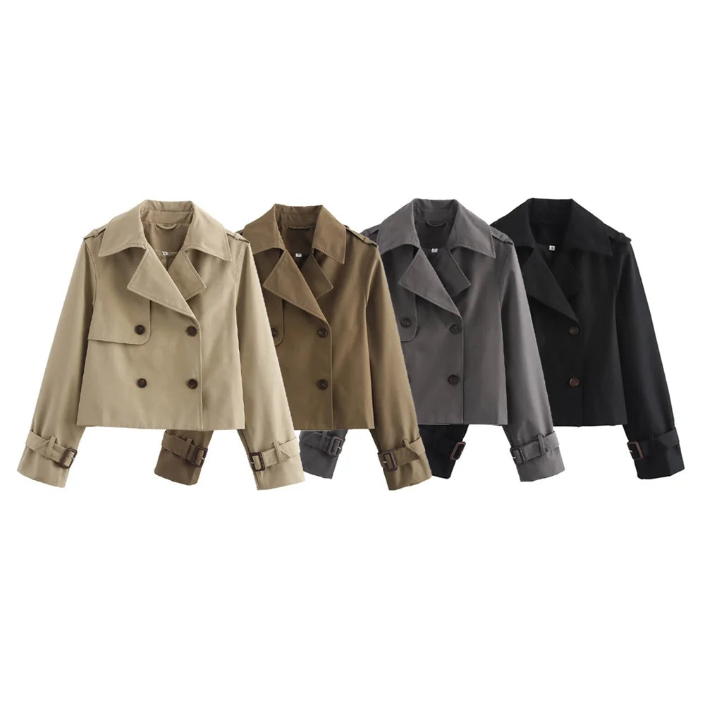 Women's Vintage Cropped Trench Jacket – Double-Breasted High-Waist Streetwear Coat