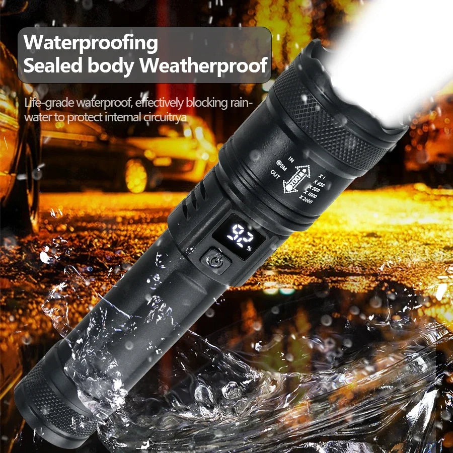 2000LM LED Tactical Flashlight with Power Display – USB Rechargeable Zoomable Camping Torch