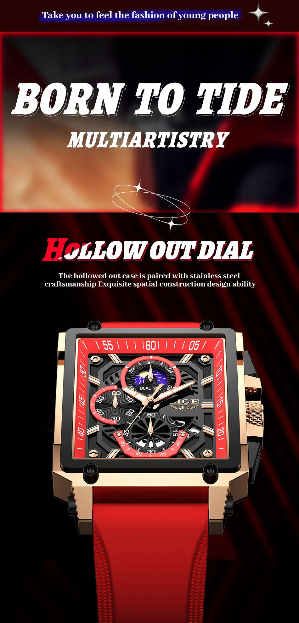 LIGE Men's Hollow Square Sport Watch | Fashion Silicone Strap Waterproof Quartz Wristwatch with Box