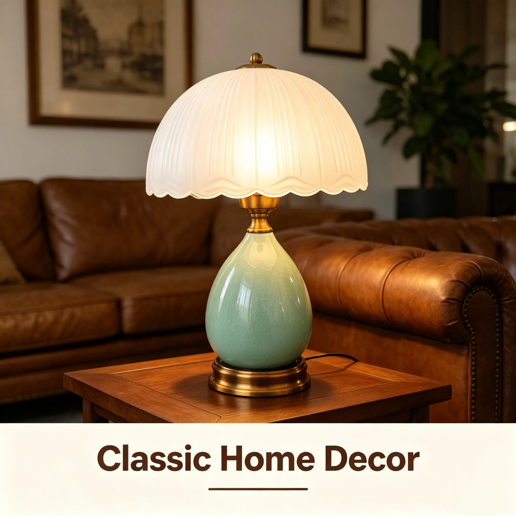 Green Ceramic Table Lamp – Scalloped Glass Shade