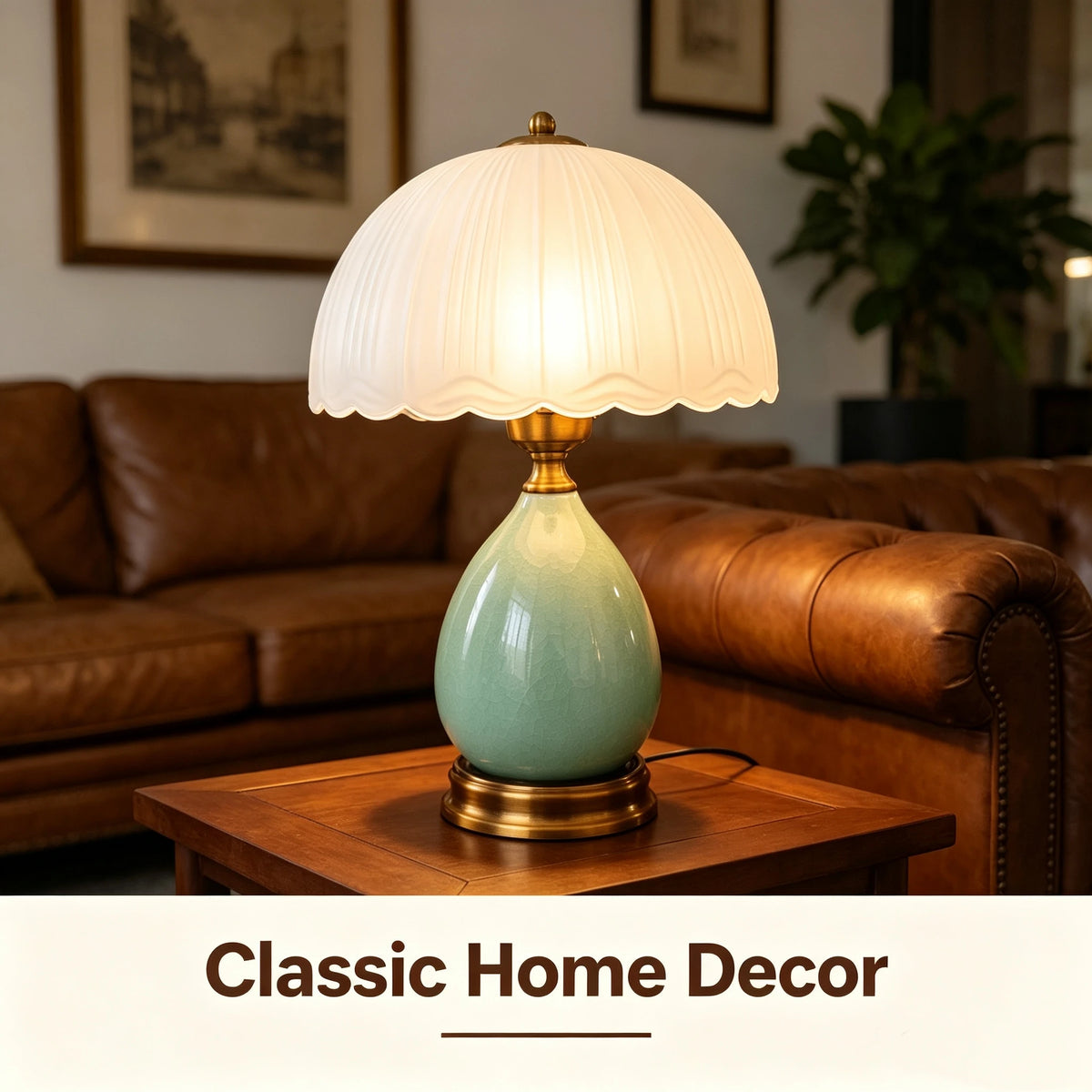 Green Ceramic Table Lamp – Scalloped Glass Shade