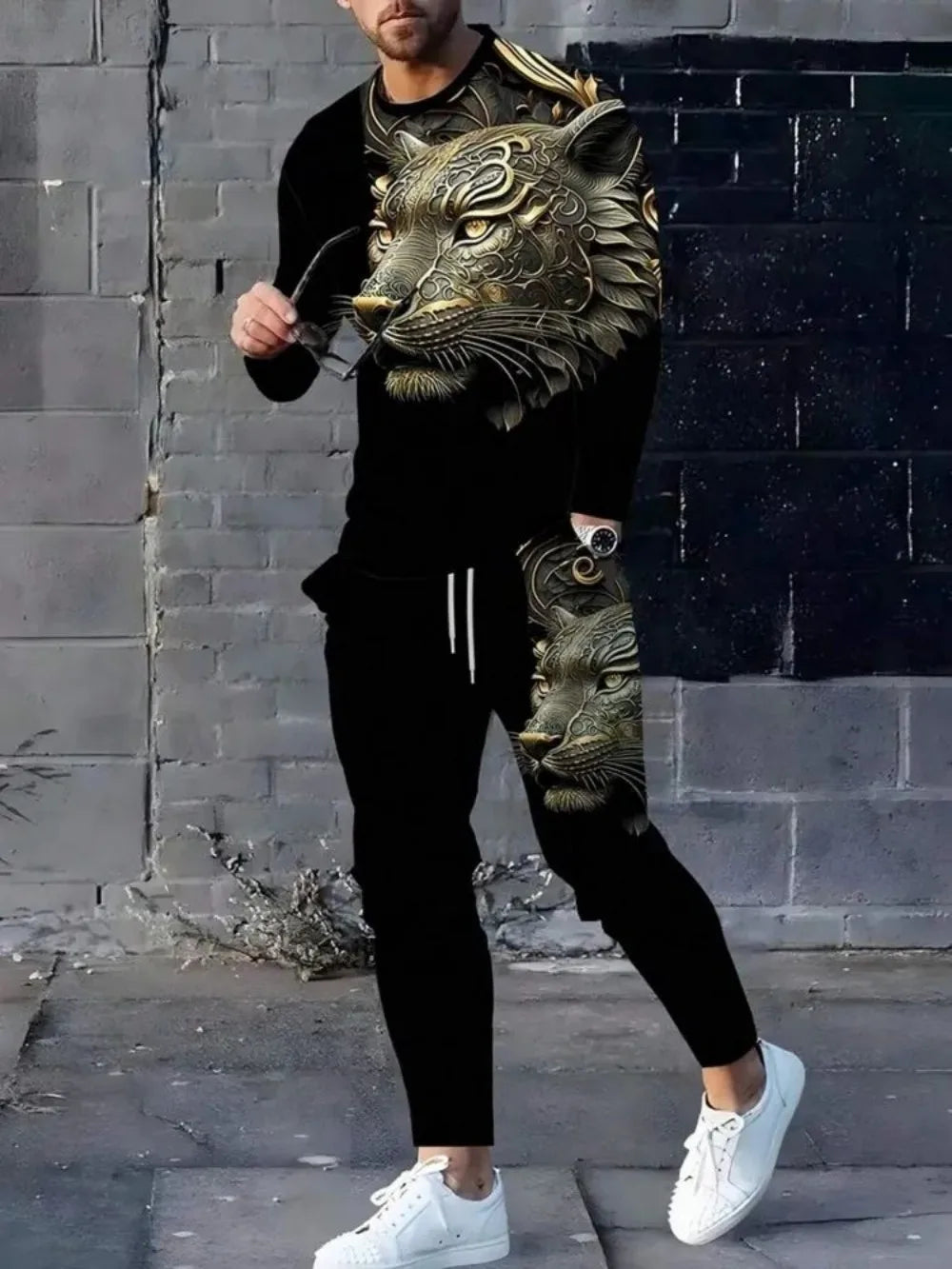 Men's Lion Print Long Sleeve T-Shirt & Drawstring Pants Set – Breathable 2-Piece