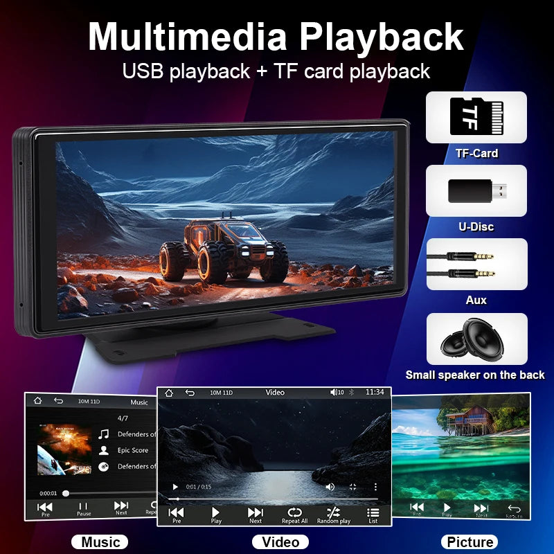 10.26" Car Mirror Screen – Wireless CarPlay & Android Auto, Bluetooth, AUX, USB | Universal Fit