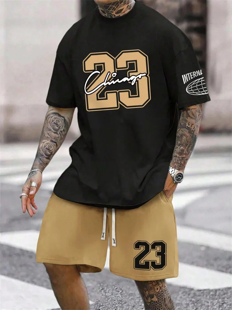 Men's Digital Print Crewneck T-Shirt & Drawstring Shorts Set