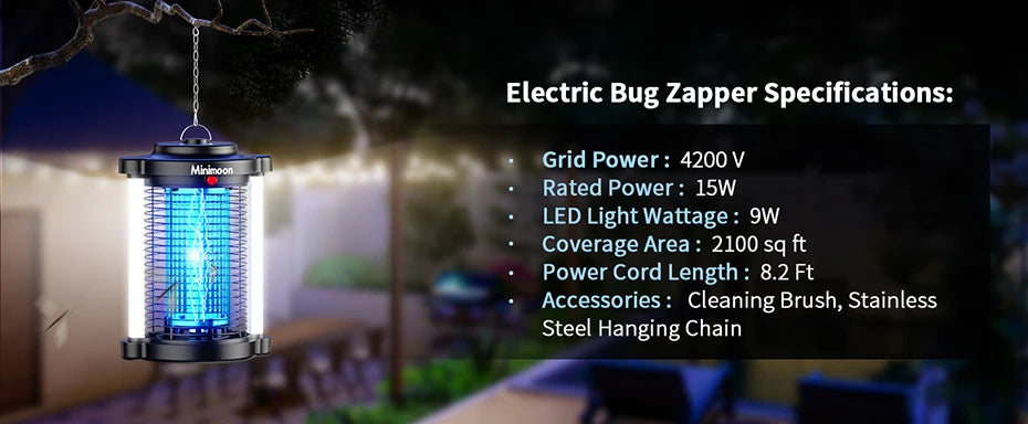 Minimoon Outdoor Bug Zapper — 15W UV, 4200V Grid, Dual LED Light, IPX4 Waterproof, 2100 Sq.Ft Coverage