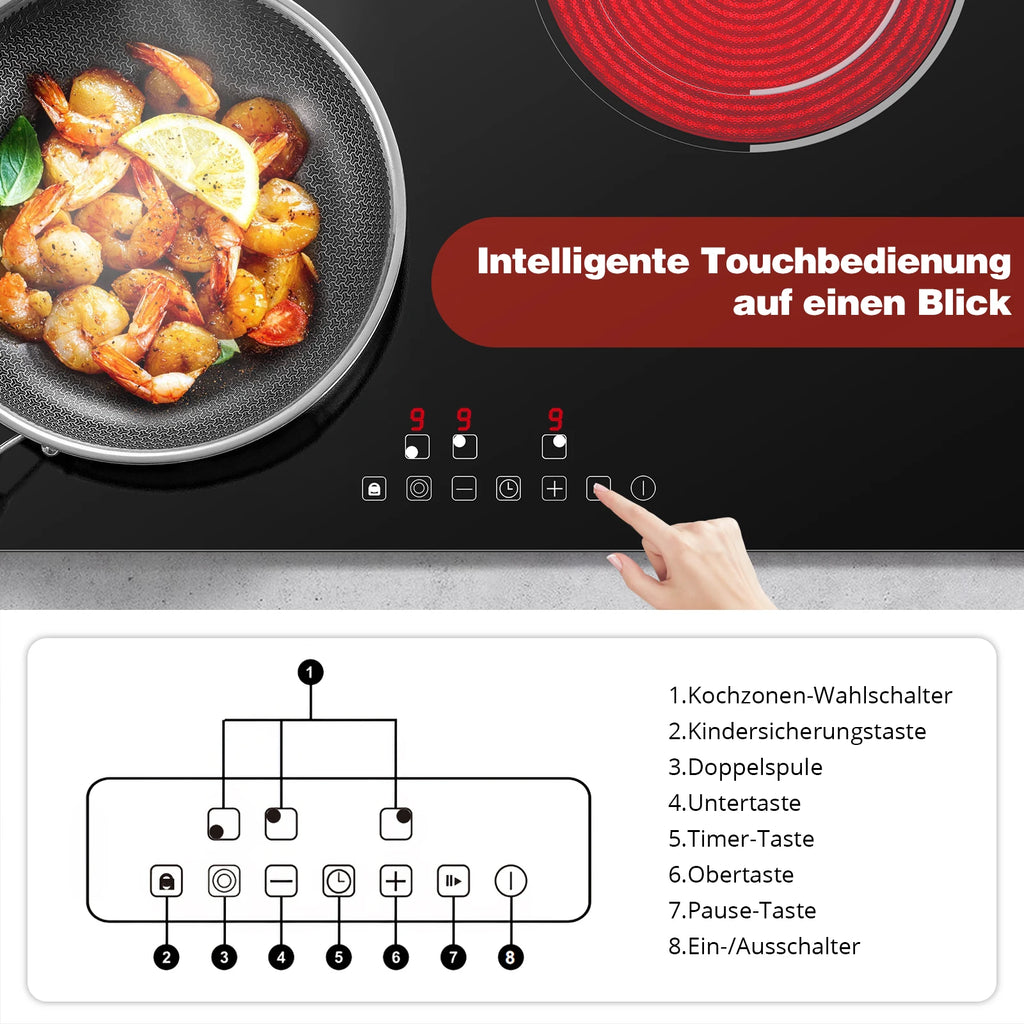 6000W 4-Zone Ceramic Induction Hob – 60cm Black Glass, Touch Control, 9 Power Levels, Timer & Child Lock
