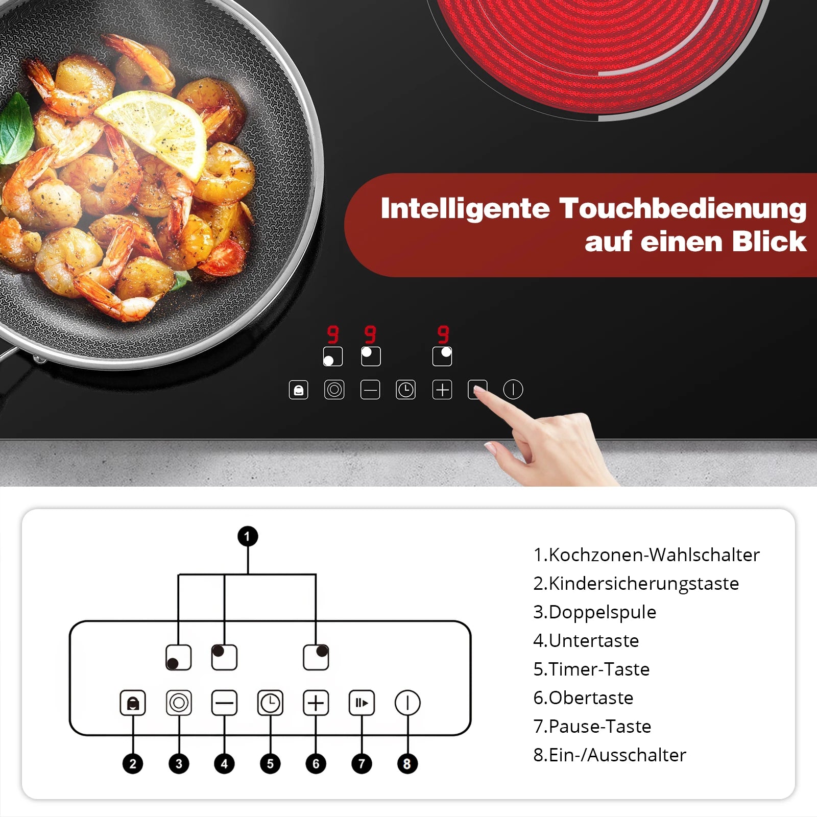 6000W 4-Zone Ceramic Induction Hob – 60cm Black Glass, Touch Control, 9 Power Levels, Timer & Child Lock