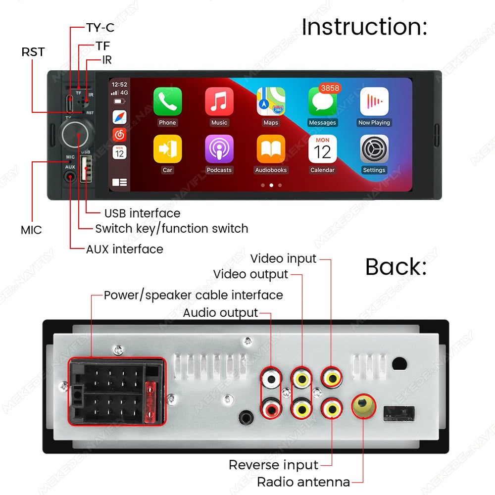 1-DIN 6.86" Car Radio MP5 Player – Wireless CarPlay & Android Auto, FM, Bluetooth, TF, AUX | Universal Fit