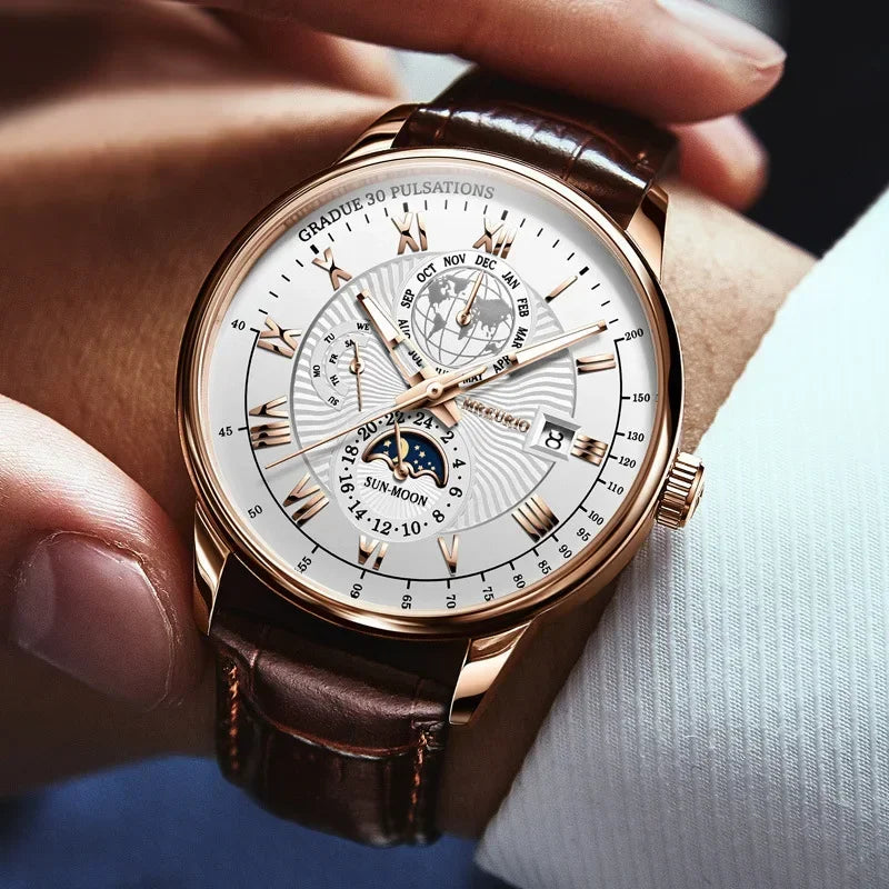 Men's Moon Phase Chronograph Quartz Watch | Luminous Leather Strap Luxury Sport Wristwatch