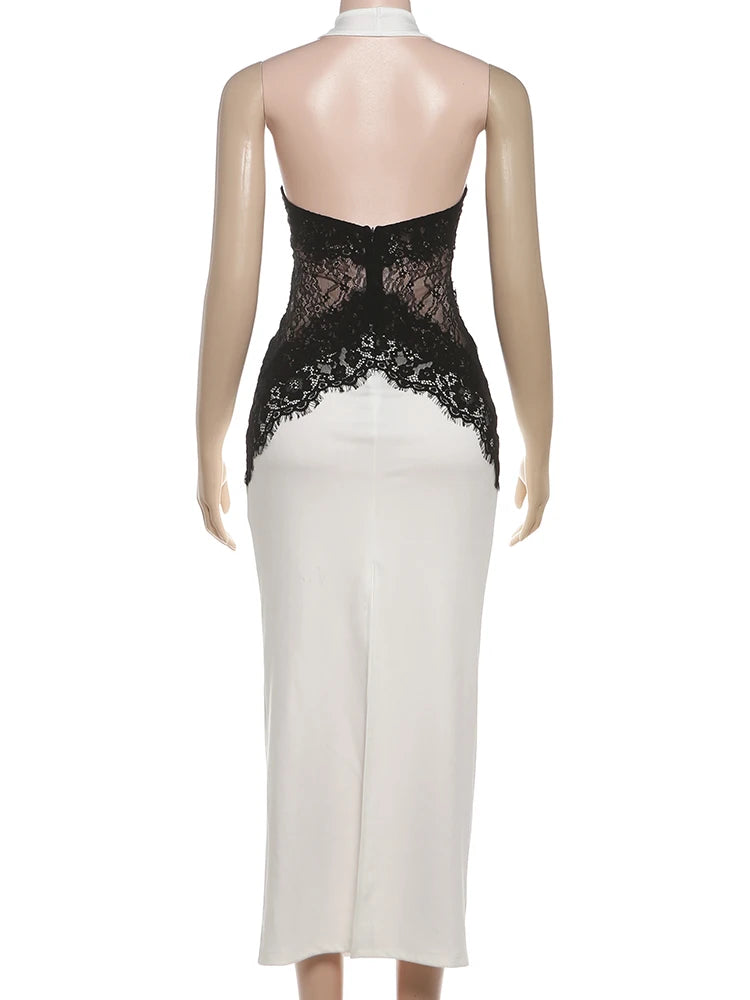 Lace Patchwork Halter Maxi Dress — Off-Shoulder Backless Elegant Evening Gown