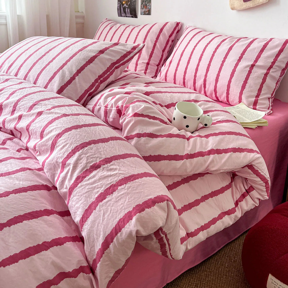 Pink Striped Duvet Cover Set – 3-Piece Soft Washed Cotton Bedding for Girls, 150x200cm