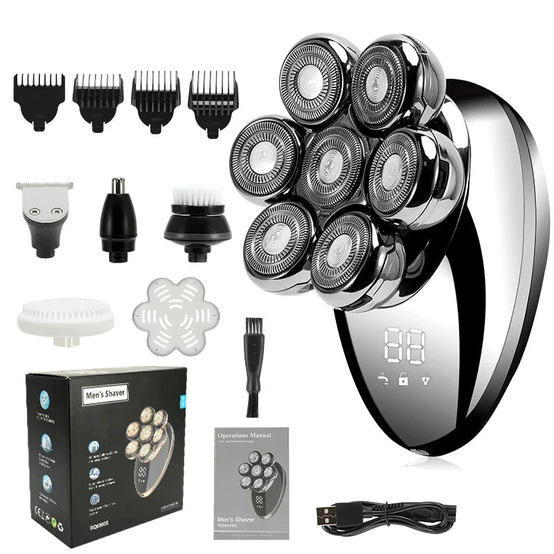 7D Floating Head Electric Shaver for Men – Wet/Dry Rotary Razor with LCD Display & Bald Head Trimmer