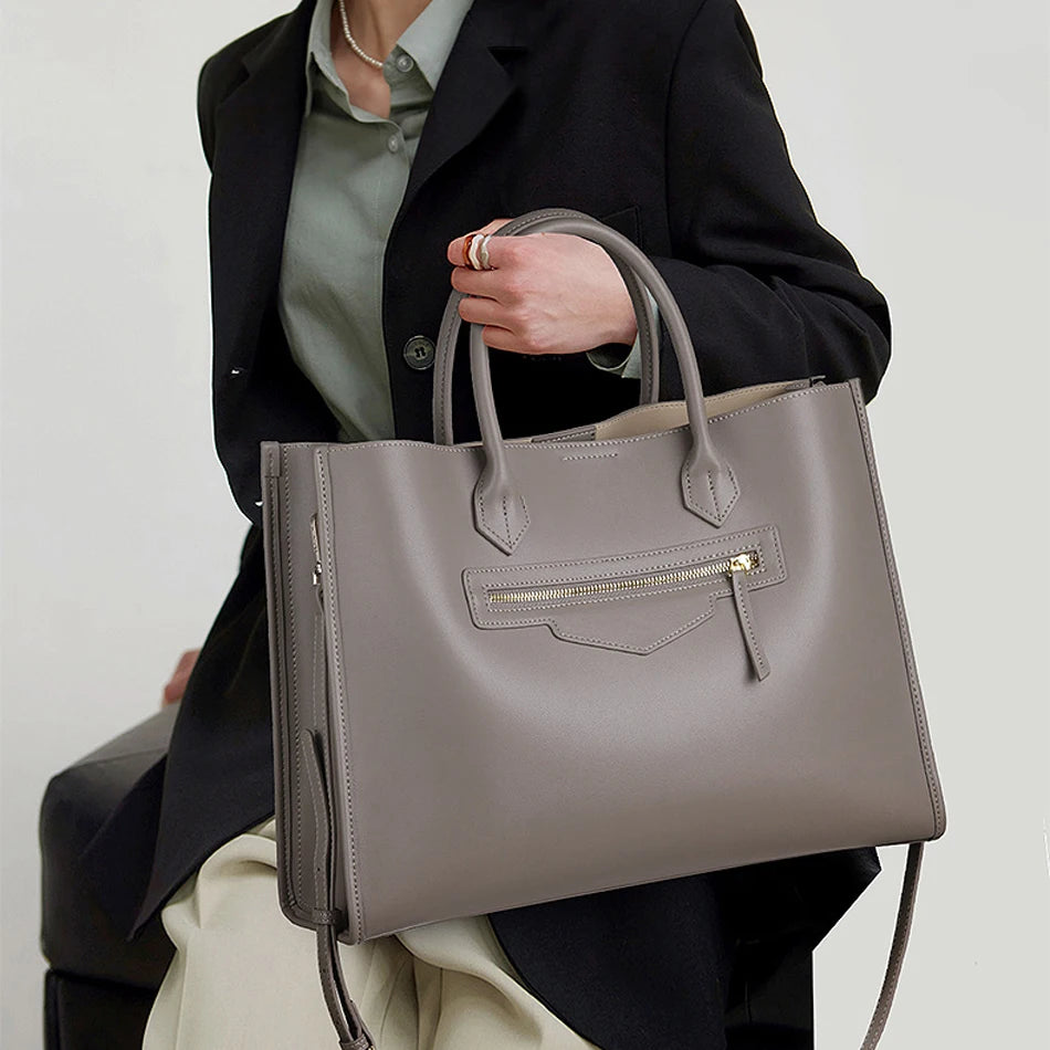 Luxury Cowhide Leather Tote Bag – Large Capacity Shoulder Bag with Laptop Compartment for Women