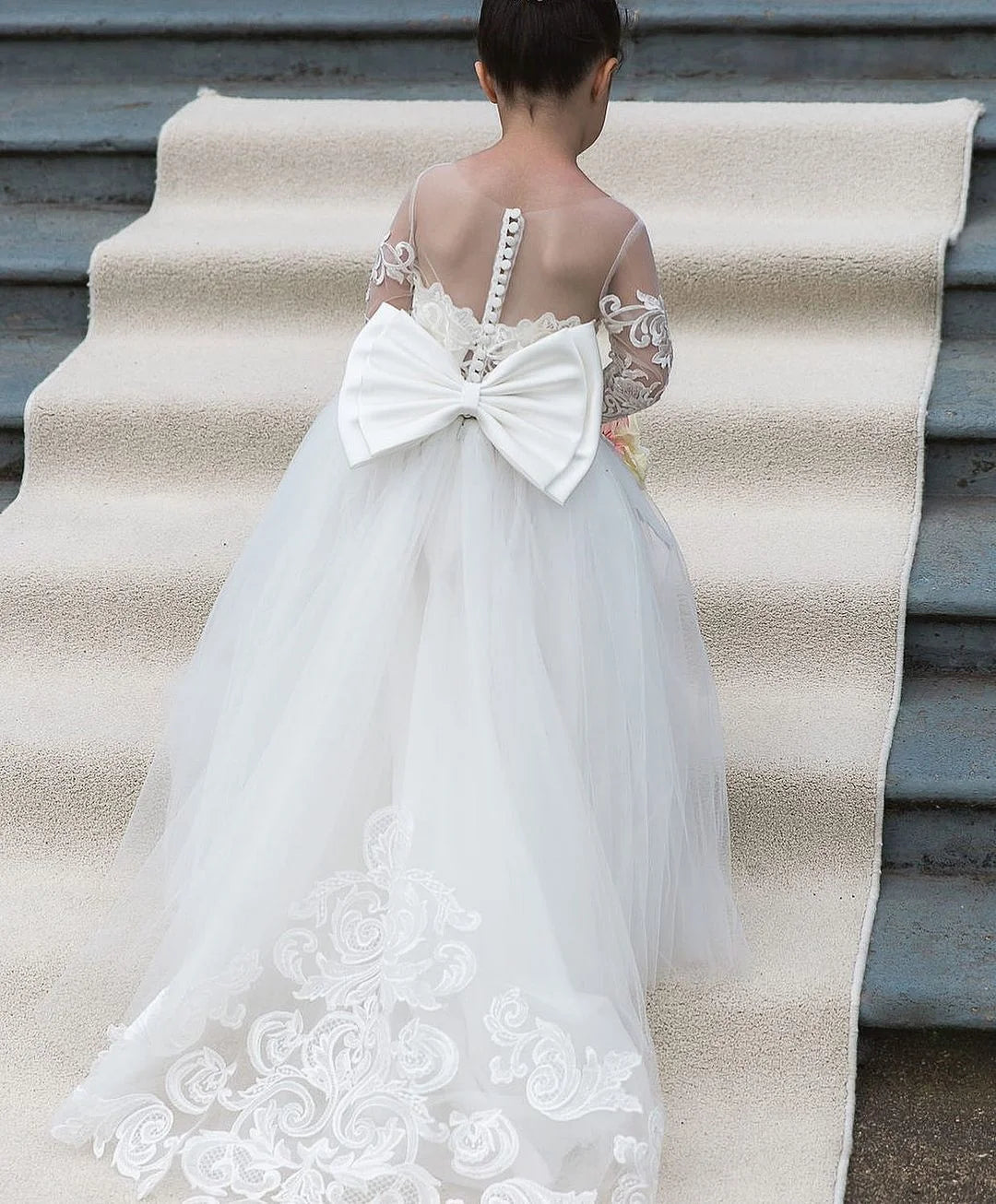Long Sleeve Flower Girl Dress — White Lace Tulle First Communion & Bridesmaid Dress