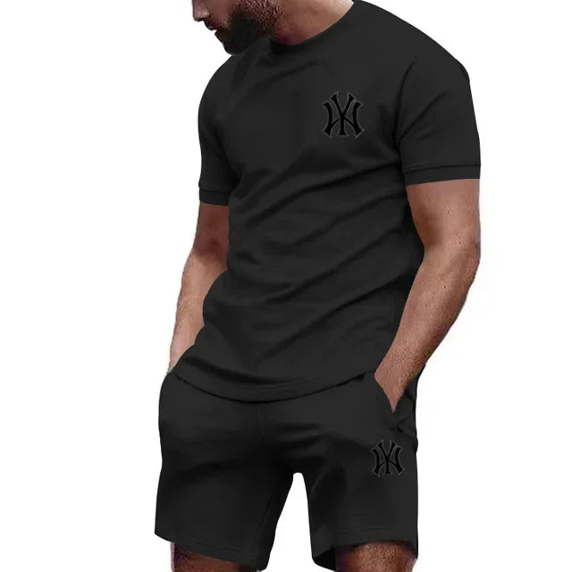 Men's Print Short Sleeve T-Shirt & Drawstring Shorts Running Fitness Set