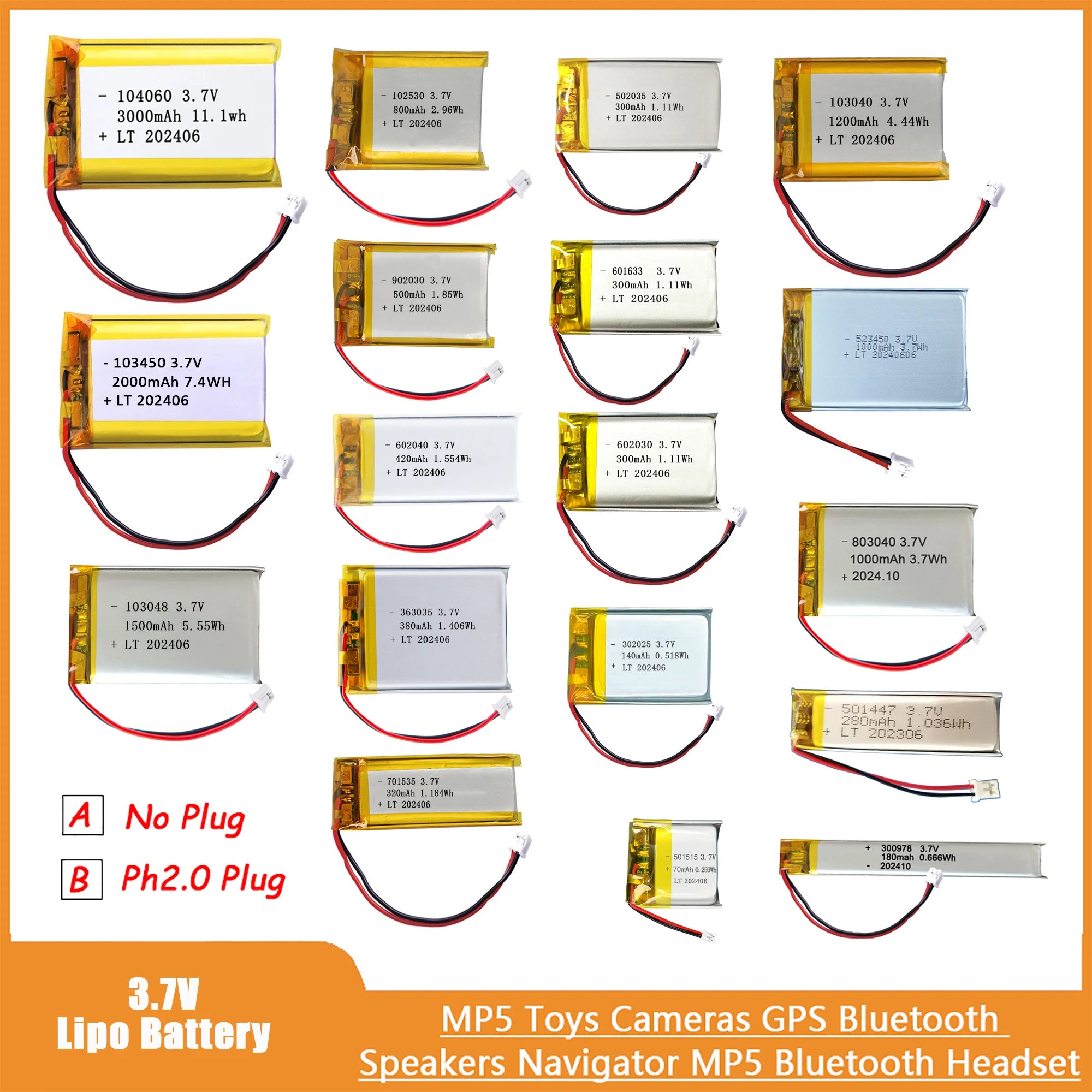 3.7V LiPo Rechargeable Battery – PH2.0 Plug for GPS, Bluetooth Speaker, PS4, Humidifier & MP3/MP4