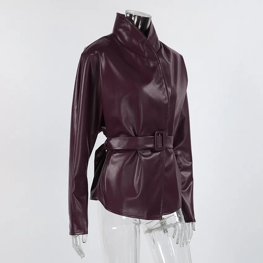 Women's Belted Faux Leather Jacket – Wine Red