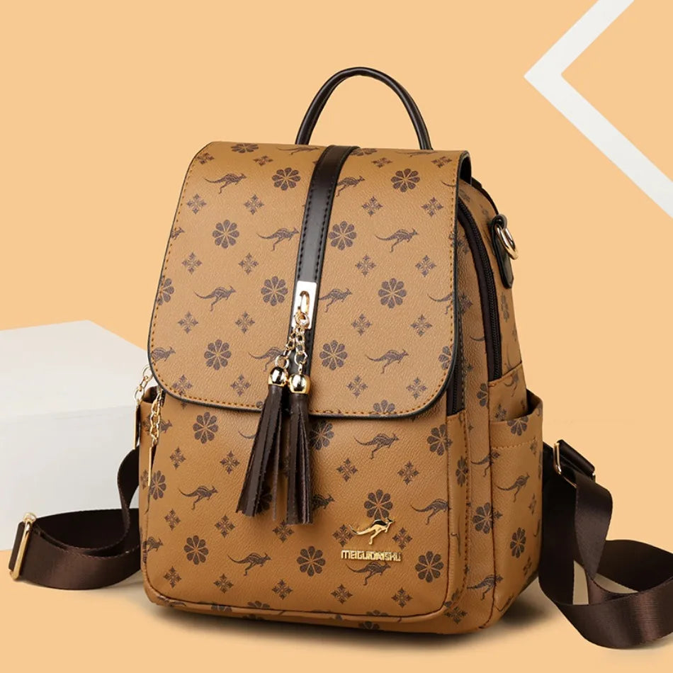 Women's Luxury Leather Backpack – Vintage Print Tassel Fashion Bag