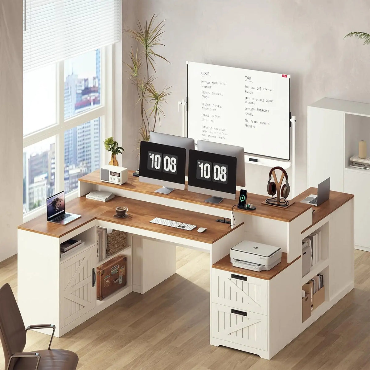 Farmhouse L-Shaped Desk with Drawers & Power Outlet — 62.2" Home Office Desk with Storage Shelves & Monitor Stand