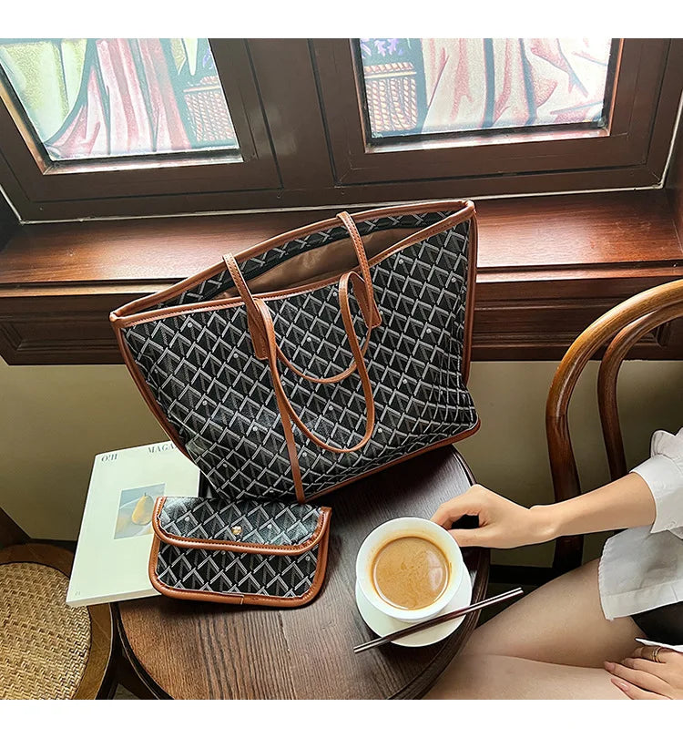 Embroidered Geometric PU Tote Shoulder Bag – Versatile Large Capacity Shopping Class Bag for Women
