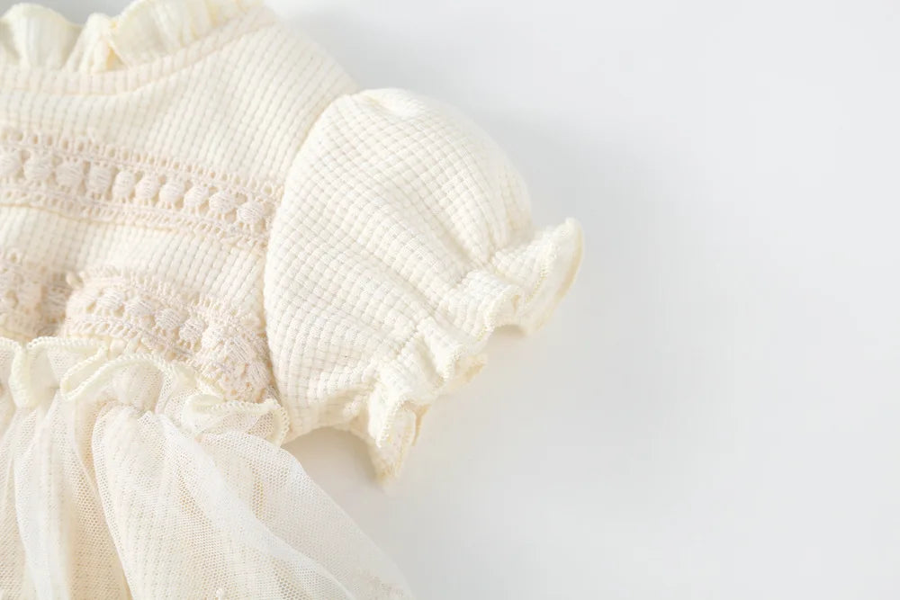 Baby Girl Tutu Skirt Bodysuit — Waffle Lace One-Piece Party Outfit for Toddlers