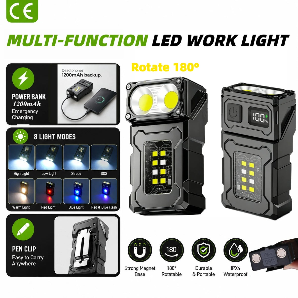 Tactical EDC Work Light – 1200 Lumen, 8-Speed COB+LED, Type-C, Tail Magnet, Pen Clip, MOLLE Compatible