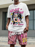 Men's Cartoon & Letter Print Crewneck T-Shirt & Elastic Shorts Set