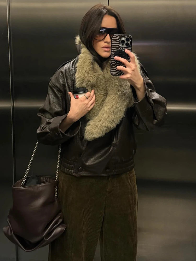 Women's Double-Breasted Faux Fur Collar Leather Bomber Jacket – Loose Warm Streetwear Coat