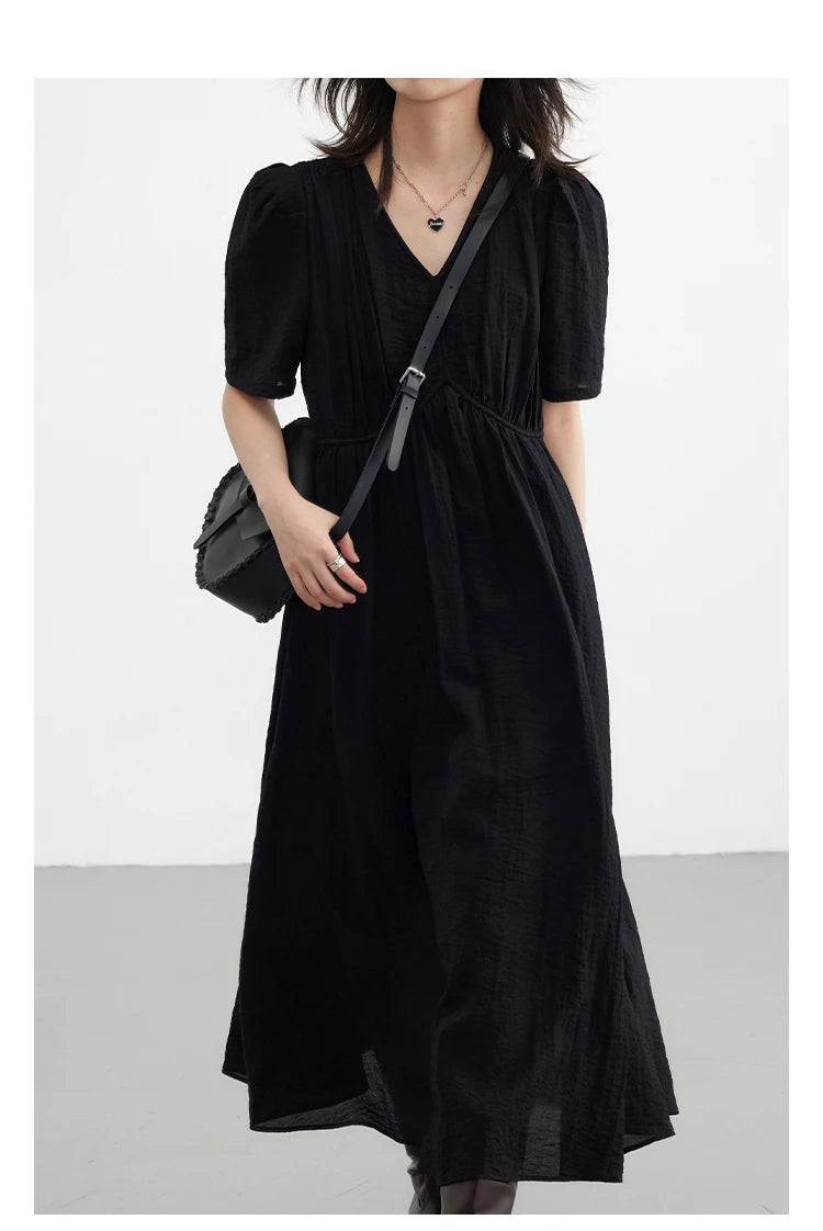 CHIC VEN Women Dresses French Style Vintage V-neck Puff Sleeve Long Dress Solid Black Loose Female Clothing Summer New 2023
