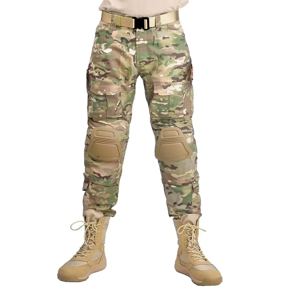 Men's Tactical Combat Suit – Camo Hooded Shirt & Cargo Pants with Pads