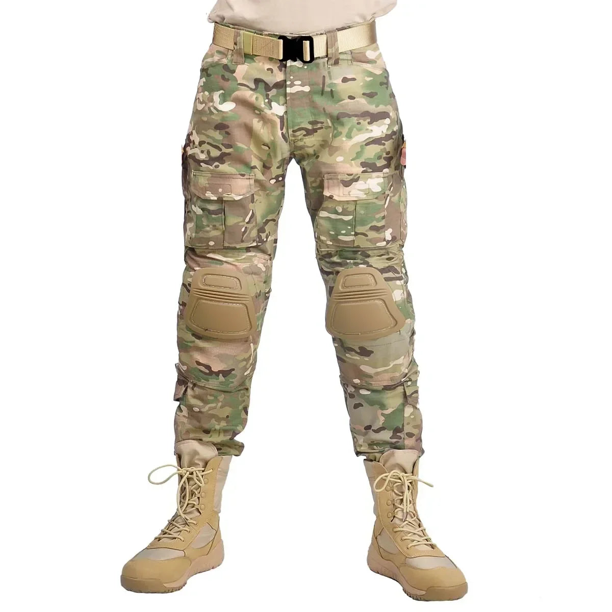 Men's Tactical Combat Suit – Camo Hooded Shirt & Cargo Pants with Pads