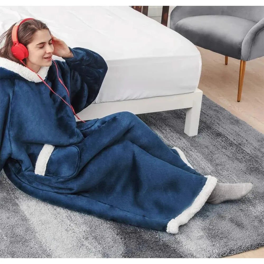 Super Long Flannel Blanket Hoodie – 180cm Oversized Fleece Sweatshirt with Sleeves for Women & Men