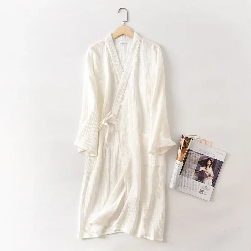 Couples 100% Cotton Crepe Gauze Robe | Long-Sleeve V-Neck Kimono Wedding Bathrobe