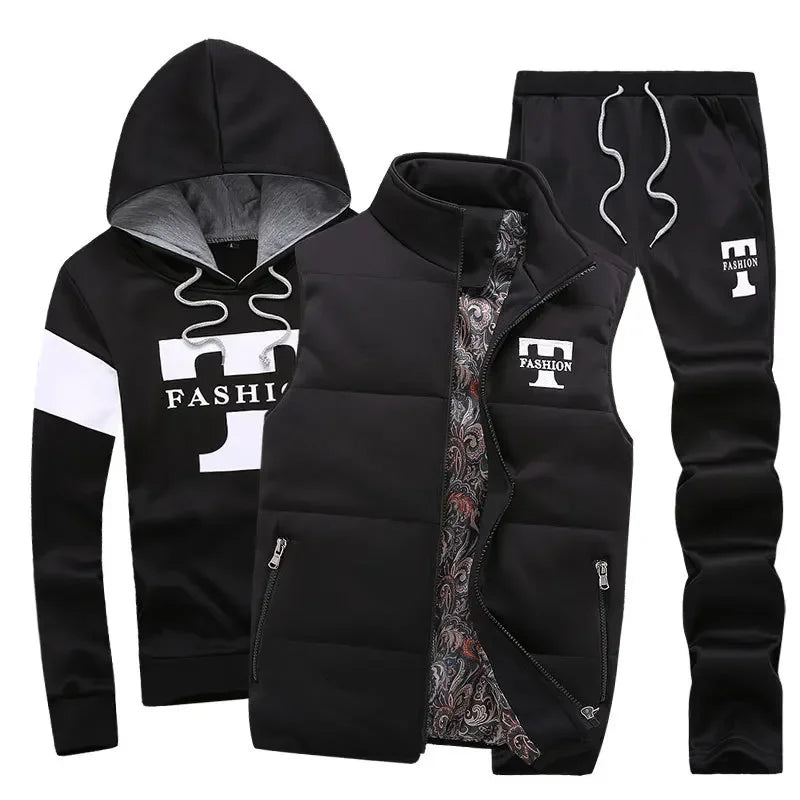 Men's 3-Piece Winter Tracksuit – Hoodie, Vest & Pants Thick Warm Set