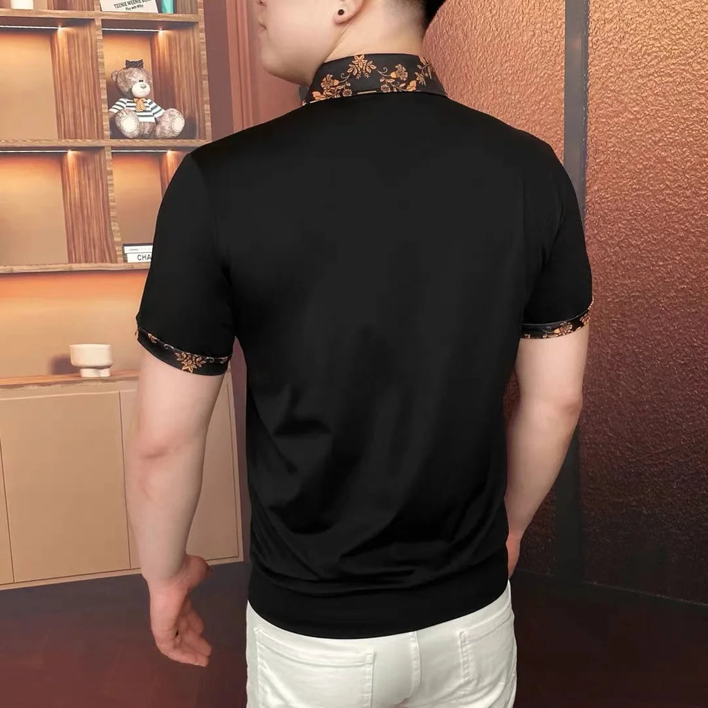 Men's Luxury Floral Embroidered Rhinestone Polo Shirt — Slim Fit Business Banquet Tee