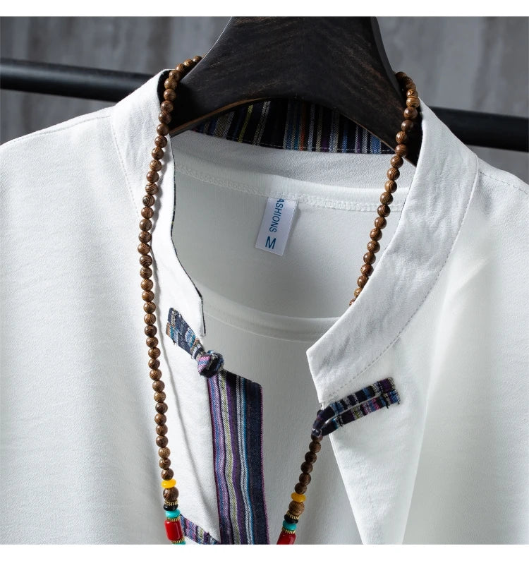Men's 100% Cotton Linen Short Sleeve Shirt & Drawstring Pants Set
