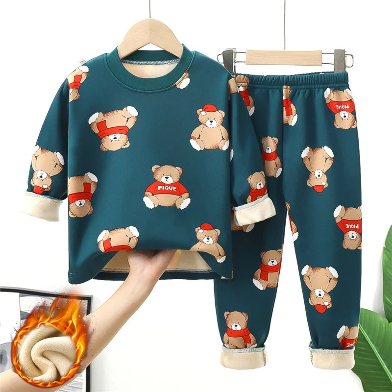 Kids' Warm Plus Velvet Pajama Sets | Fashion Print Pullover & Pants 2-Piece Outfits 1-14 Years