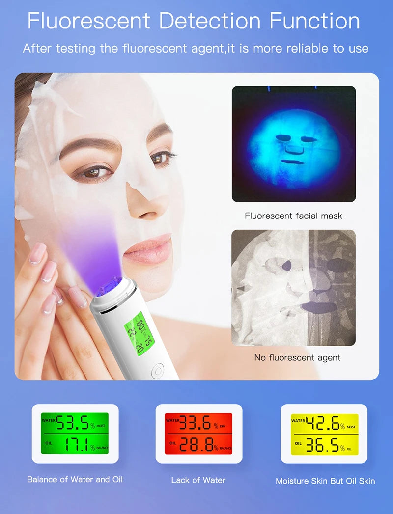 LCD Skin Moisture & Oil Analyzer Pen – Fluorescent Agent Detector, Elasticity & Skin Age Tester