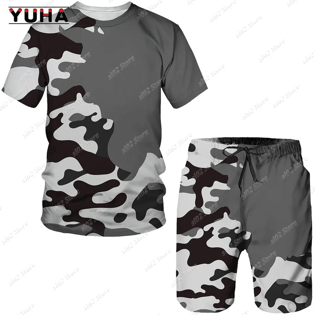 Men's Camouflage T-Shirt & Shorts Tracksuit Set – Outdoor Camping Hunting Sport