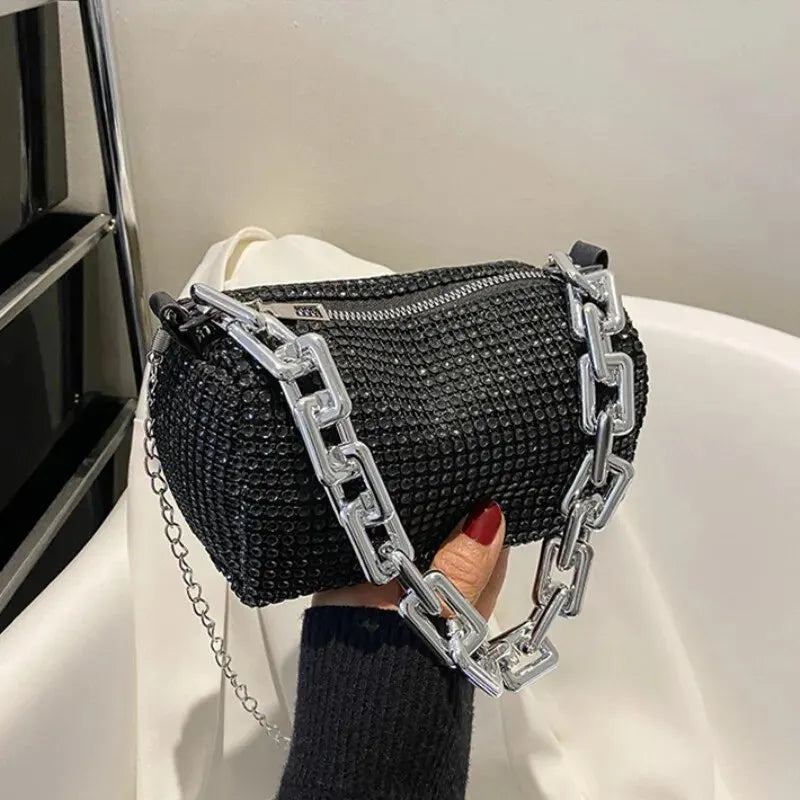 Rhinestone Glitter Mini Crossbody Bag – Chain Prom Purse Pillow Shoulder Bag for Women