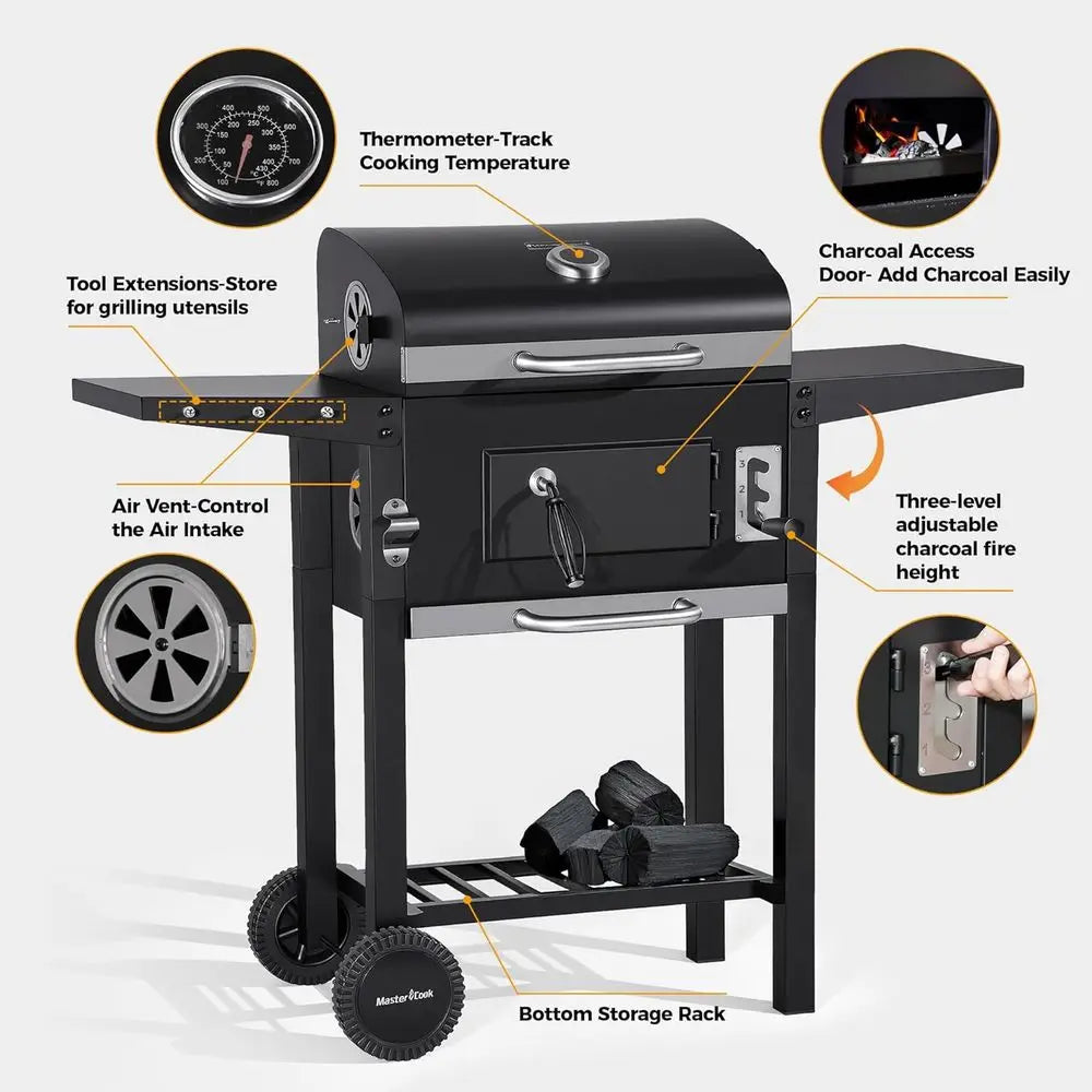 Portable Outdoor BBQ Grill | 353 Sq. In., Foldable Side Tables, 3-Level Charcoal Tray, 360° Wheels, Removable Ash Collector