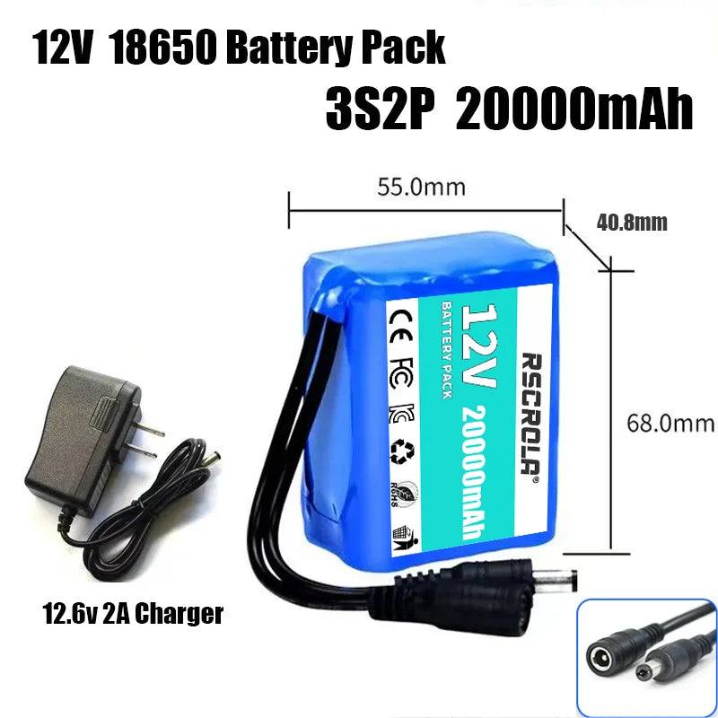 Rechargeable 12V 18650 Lithium Battery Pack with BMS – For Solar, LED Light, RC Model & Power Supply with Charger